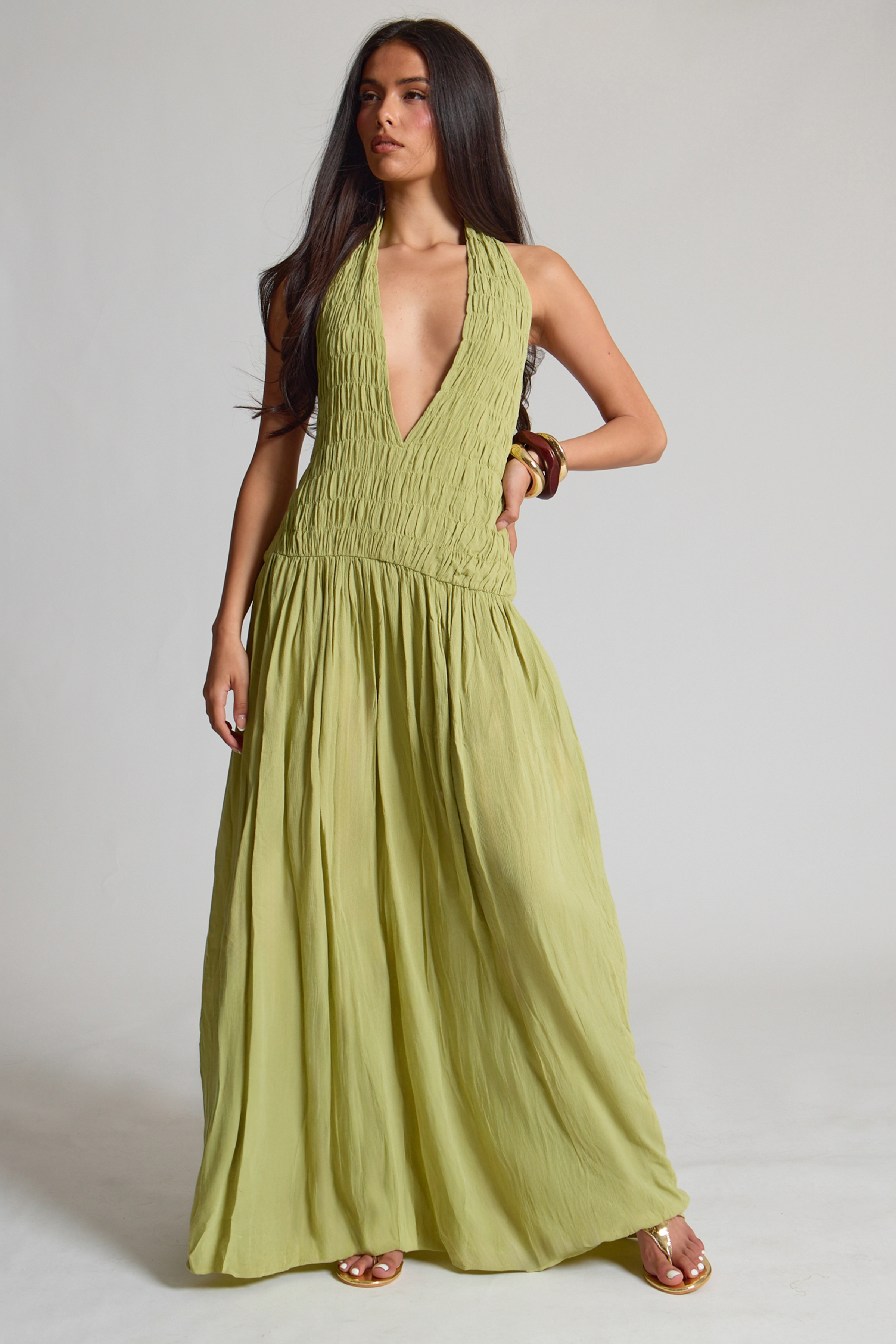 Khaki Cheesecloth Plunge Backless Maxi Dress