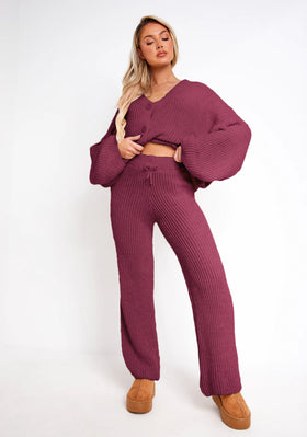 Chantelle Wine Chunky Knit Cardigan & Trouser Co-Ord Set