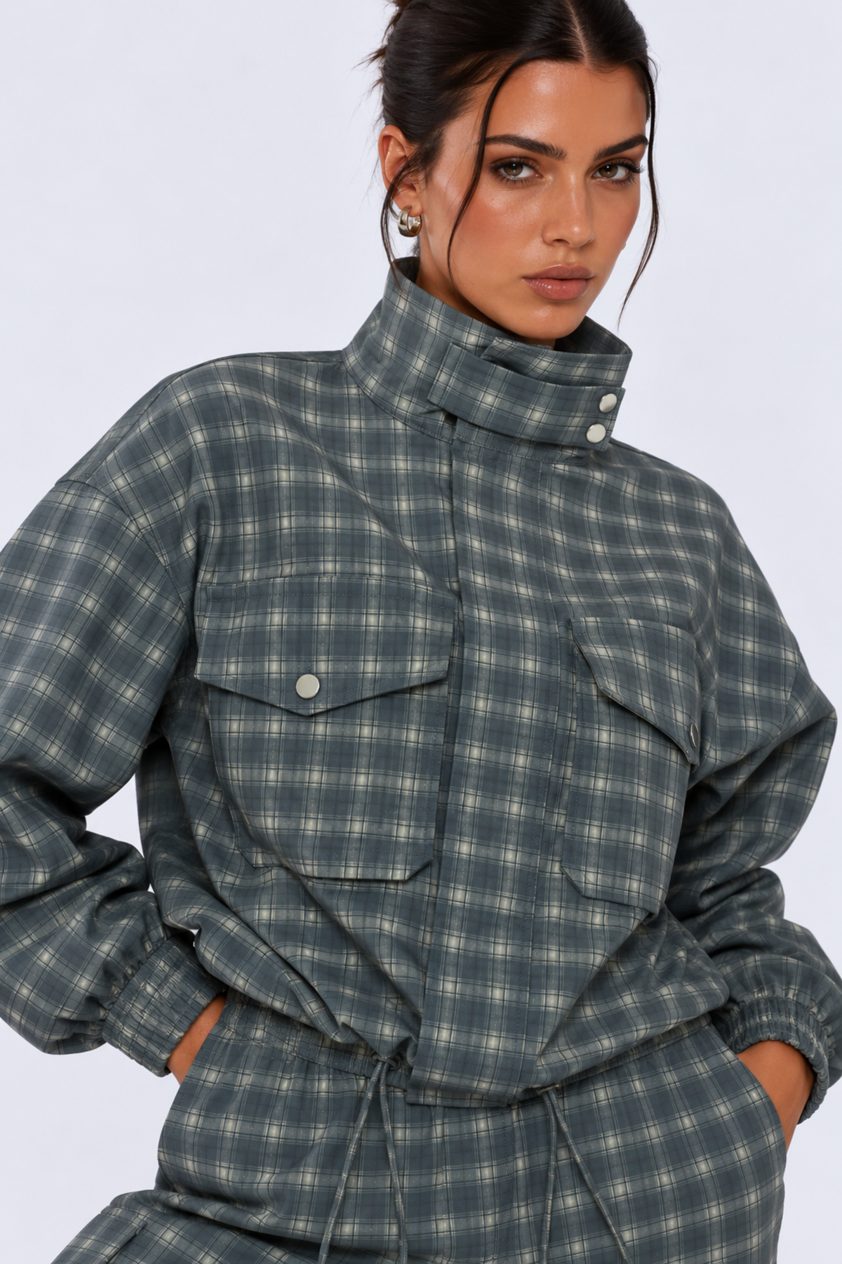 Blue Check Funnel Neck Jacket