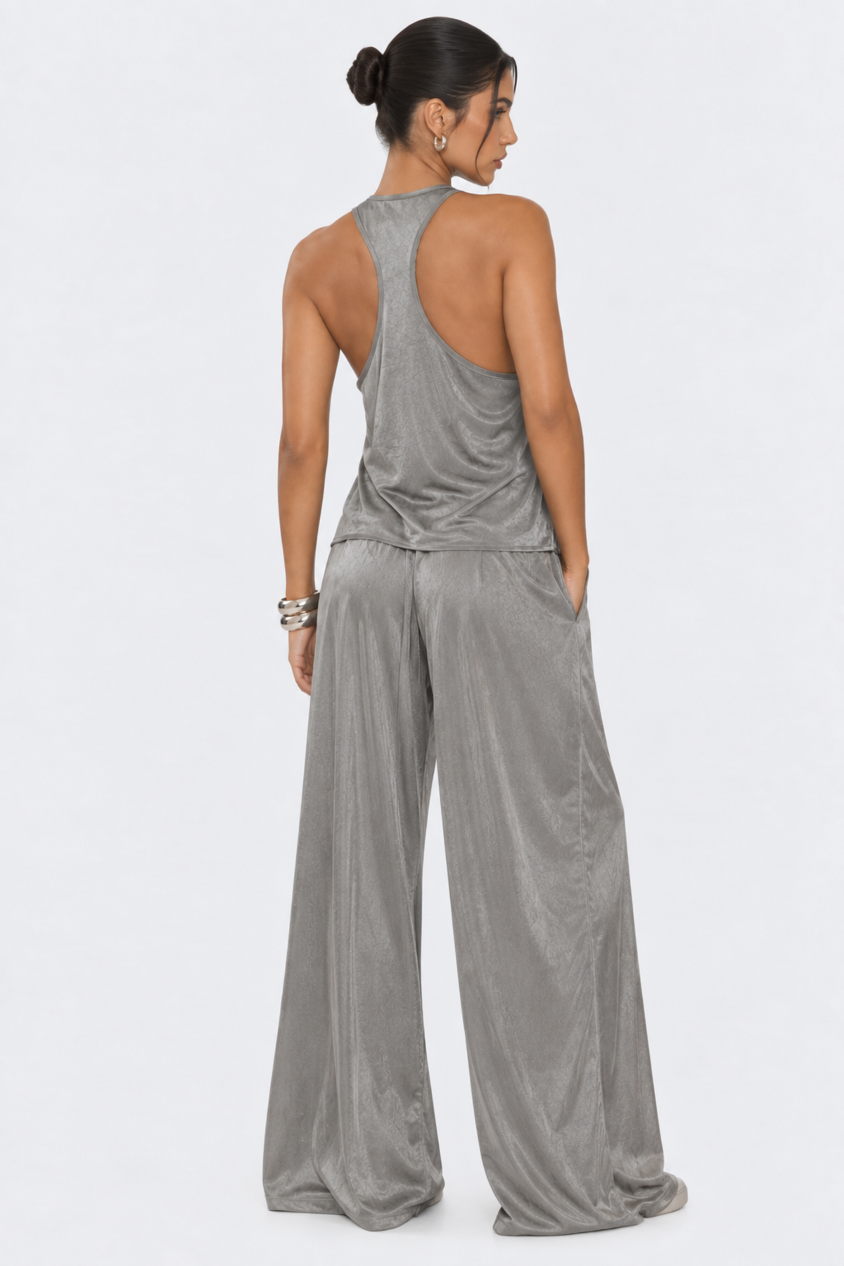 Grey Satin Wide Leg Trousers