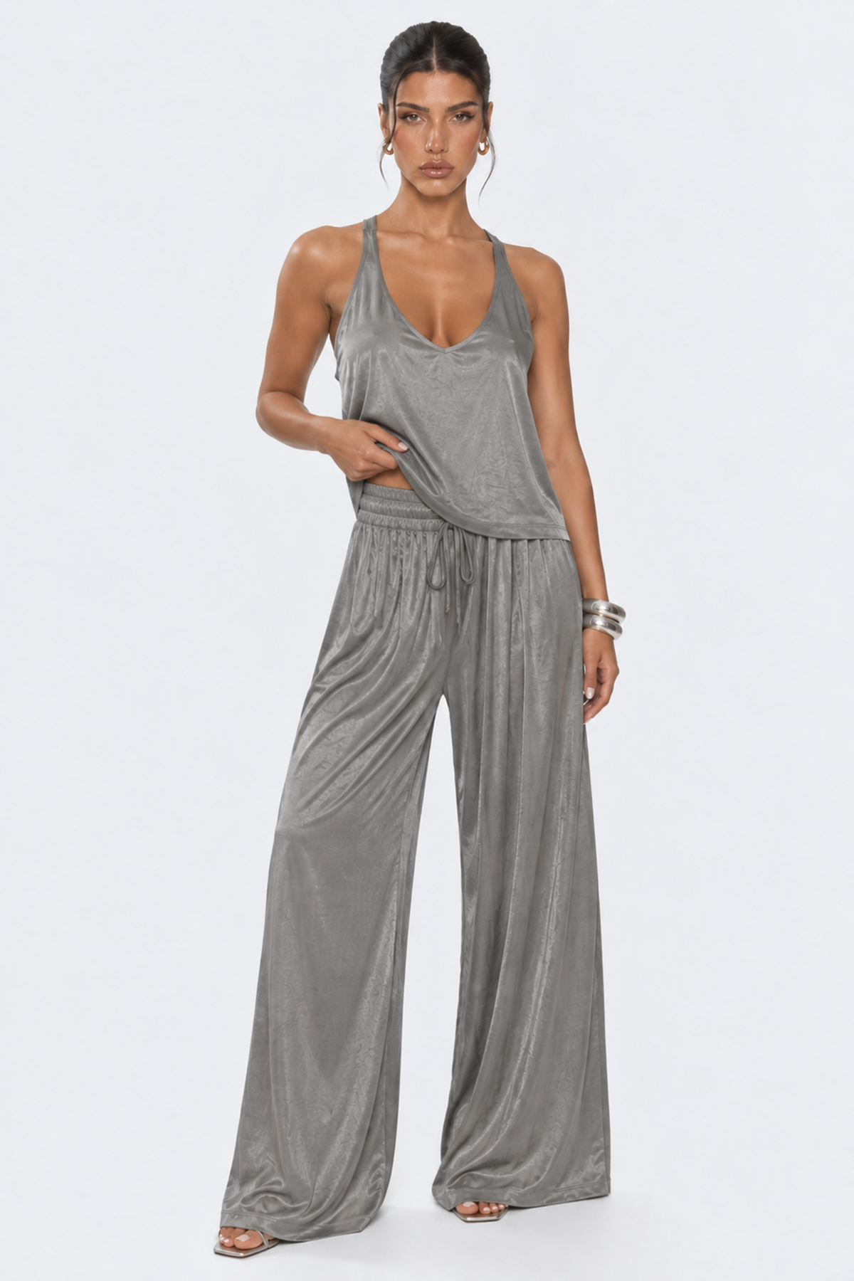 Grey Satin Wide Leg Trousers