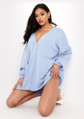 Freya Blue Knitted Oversized Button Through V-Neck Cardigan Dress