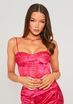 Fiona Pink Printed Lace Effect Satin Corset Top