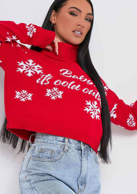 Ella Red 'Baby It's Cold Outside' Roll Neck Knitted Cropped Christmas Jumper