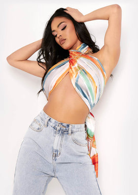 Madina Orange Printed Satin Halterneck Crop Top