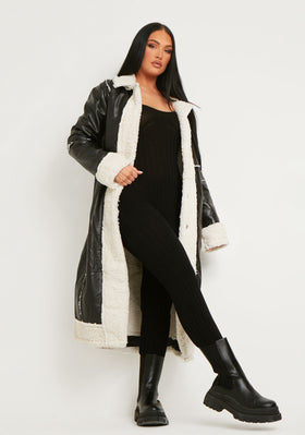 Dominique Black Long PU Aviator Coat