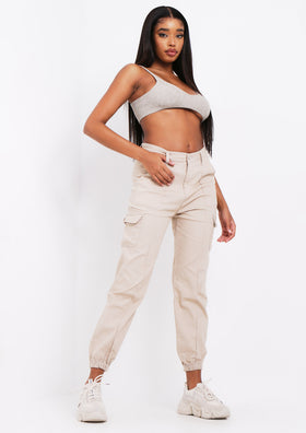 Nadia Beige Cargo Pocket Front Joggers