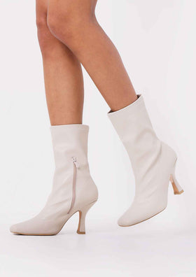 Farah Beige PU High Heel Ankle Boots