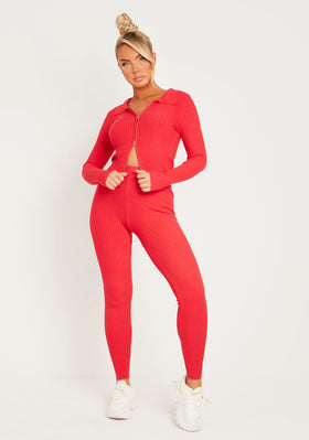 Georga Red Ribbed Knit Zip Up Cardigan & Legging Co-ord