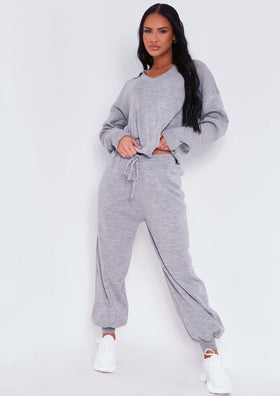 Nya Grey V Neck Knitted Jumper And Jogger Set