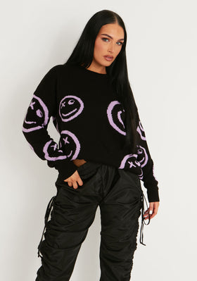 Cleo Black And Lilac Oversized Smiley Face Knitted Jumper