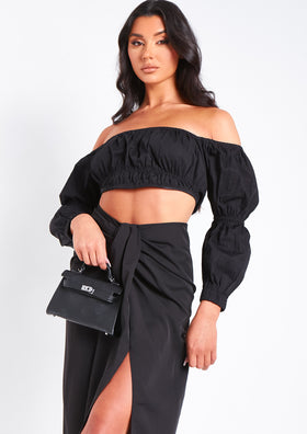 Layah Black Woven Puff Sleeve Bardot Top Women s Crop Tops