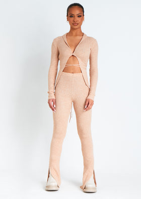 Yuna Beige Ribbed Knitted Side Split Trouser