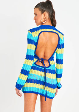 Harleigh Blue Multi Crochet Knit Backless Mini Dress Missy Empire