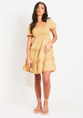 Mandy Yellow Floral Printed Mini Dress