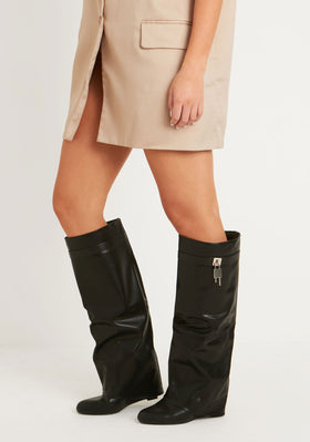 Kris Black Buckle Detail Knee High Boots