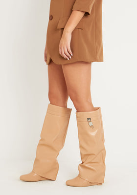 Kris Beige Buckle Detail Knee High Boots