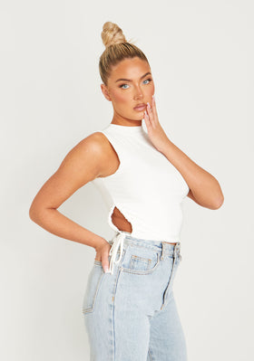 Mindy Cream High Neck Side Ruched Double Layer Crop Top