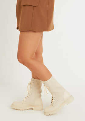 Kimi Beige Lace Up Knitted Chunky Sole Boots